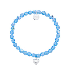 Sky blue Swarovski crystals sterling silver heart charm bracelet