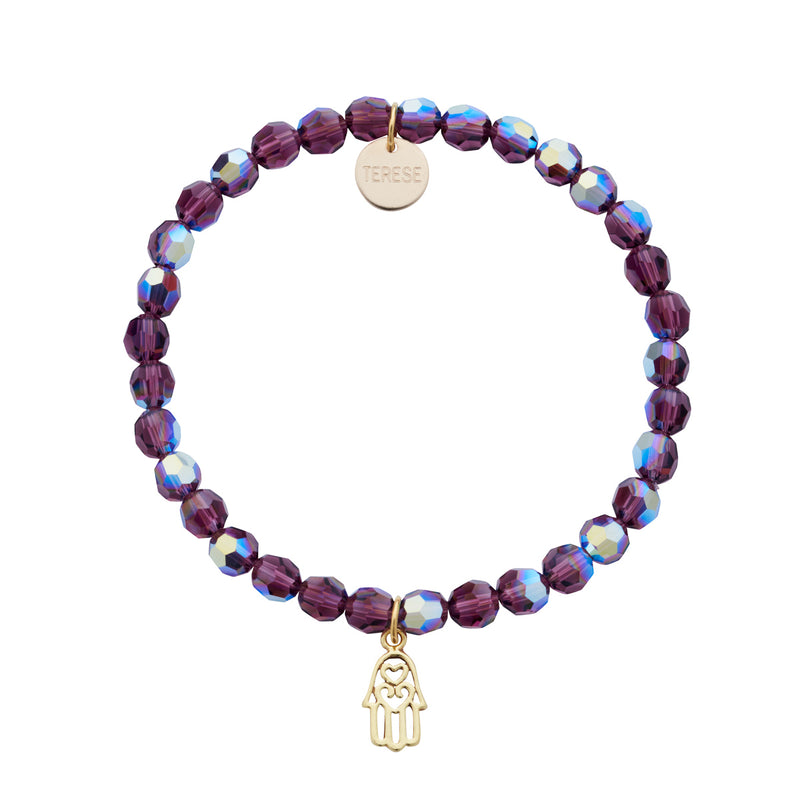 Purple Swarovski beaded bracelet with gold Fatima hand charm
