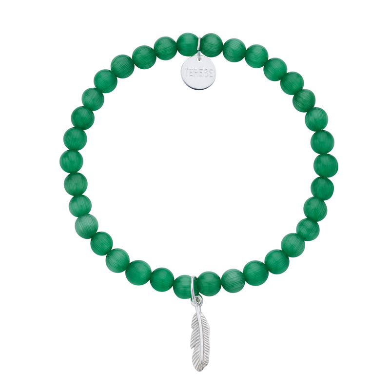 Green Cat's Eye Bead Bracelet with Sterling Silver Feather Charm
