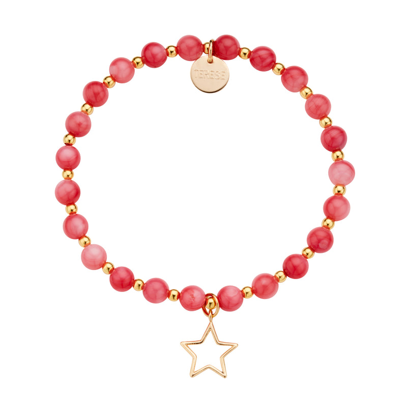 Bright orange coral stone bead and gold vermeil star charm bracelet
