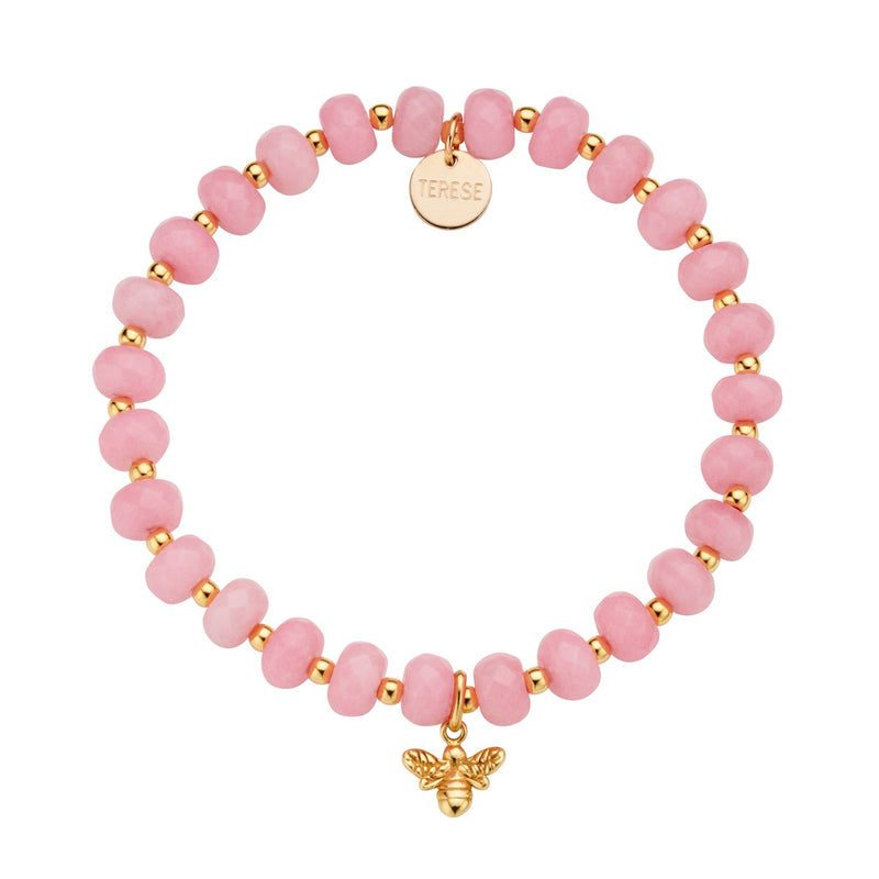 Rose Pink Jade Bead Gold Vermeil Bee Charm Bracelet
