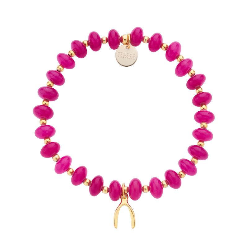 Hot pink jade bead lucky wishbone charm bracelet