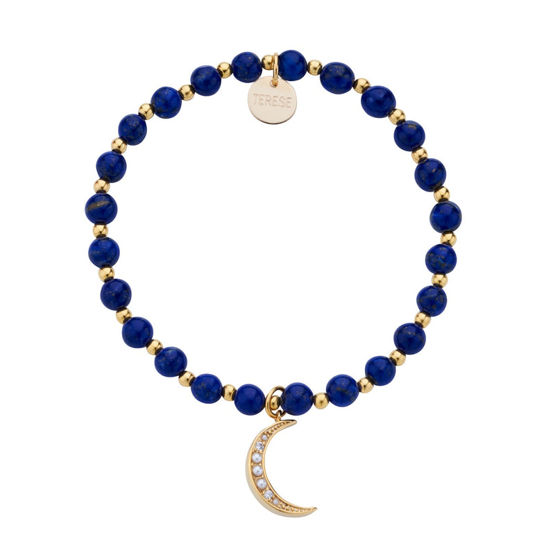 Lapis Lazuli Gold Vermeil Beaded Bracelet with Crescent Moon Charm