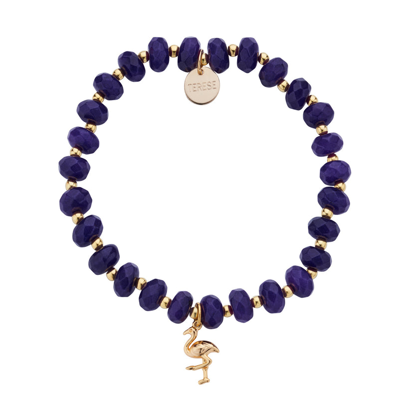 Purple jade stone bead, gold vermeil flamingo charm bracelet