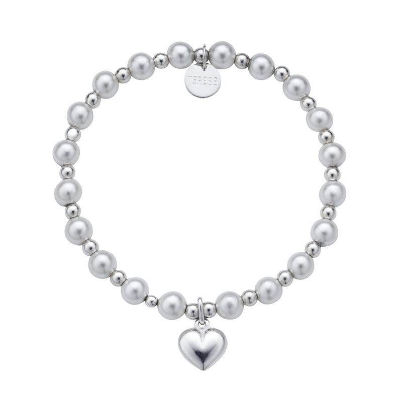 White pearl sterling silver bracelet with silver puffed heart charm